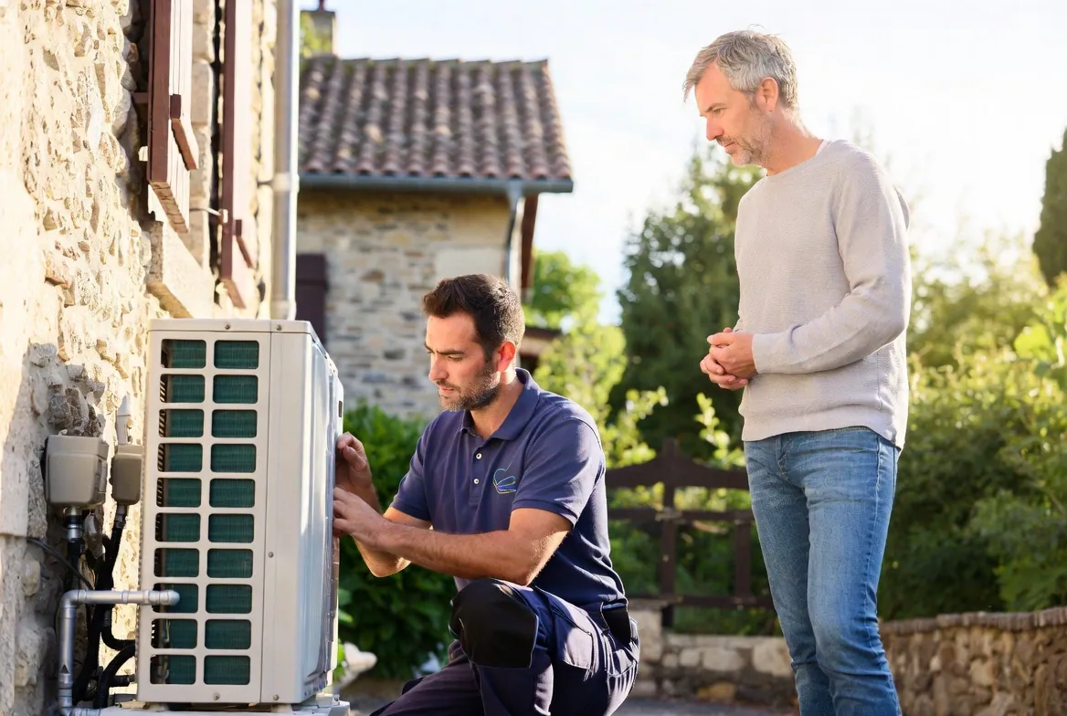 Technicien RGE installant une pompe à chaleur avec le propriétaire